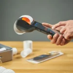 Tangan mengoperasikan printer struk portabel dengan struk yang baru dicetak